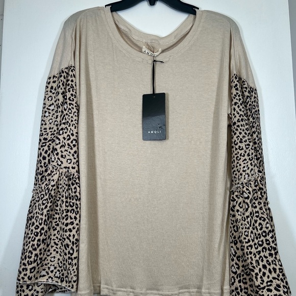 AMOLI  Leopard Print Sleeve Beige Top.  #30 - Picture 1 of 6